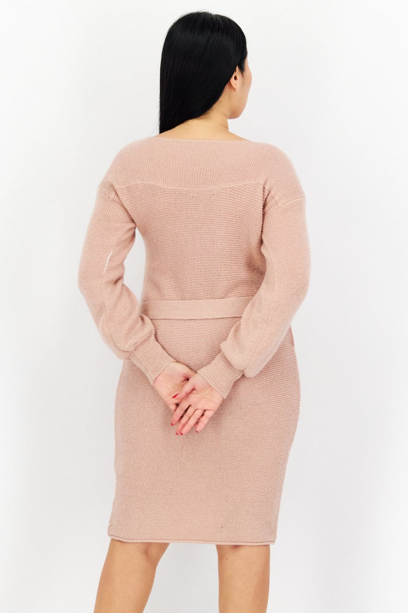 Women Belted Knitted Midi Dress, Pink