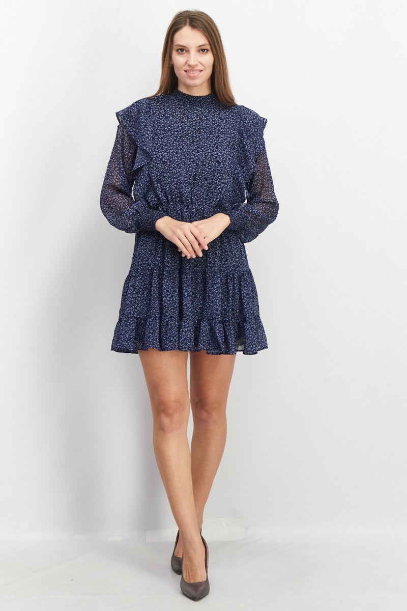 Women Floral Print Mini Dress, Navy