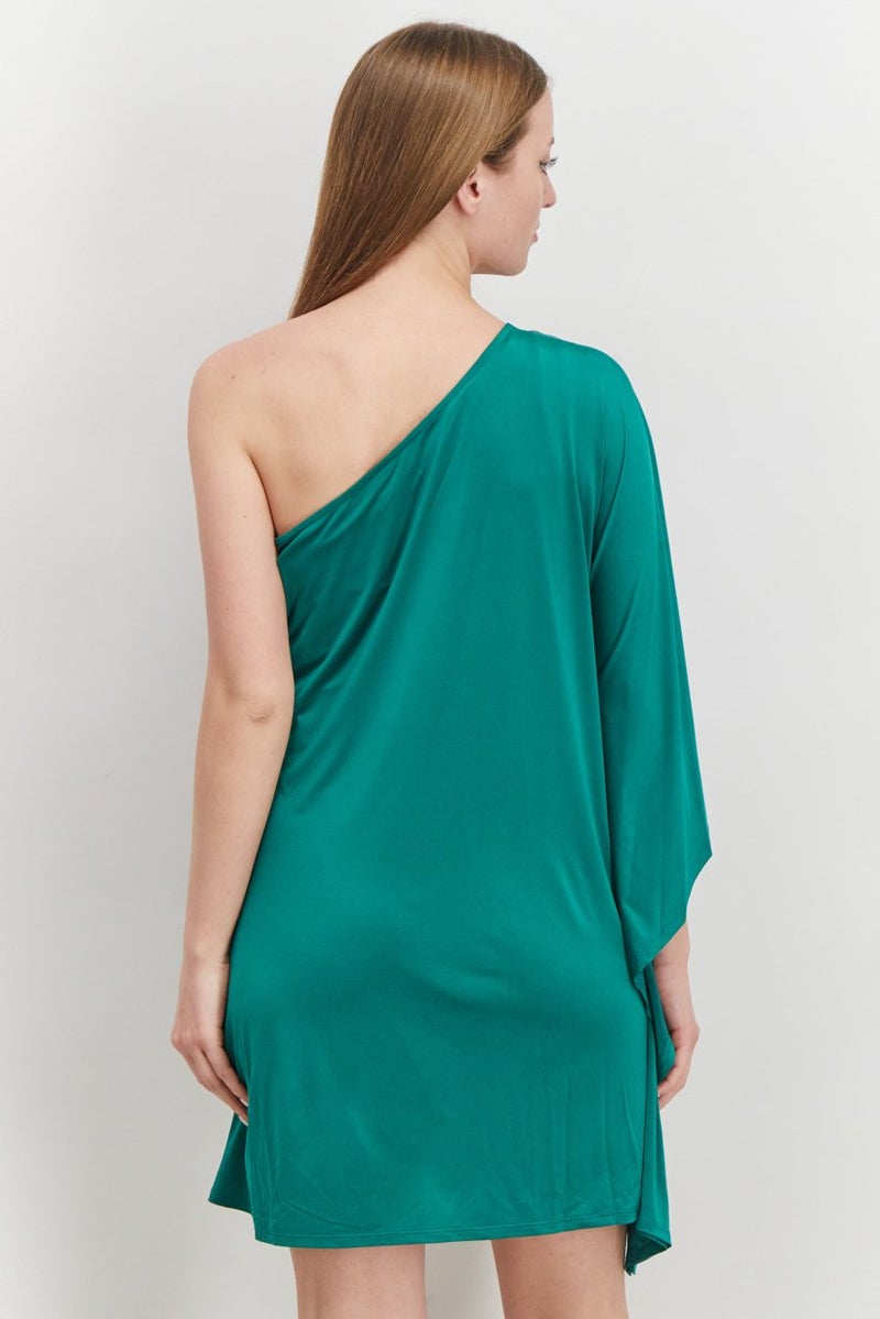 Women Plain One Shoulder Flowy Mini Dress, Green