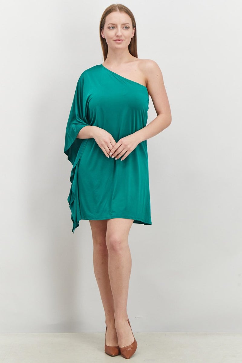 Women Plain One Shoulder Flowy Mini Dress, Green