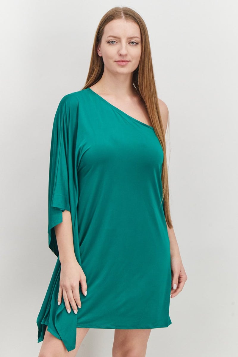 Women Plain One Shoulder Flowy Mini Dress, Green