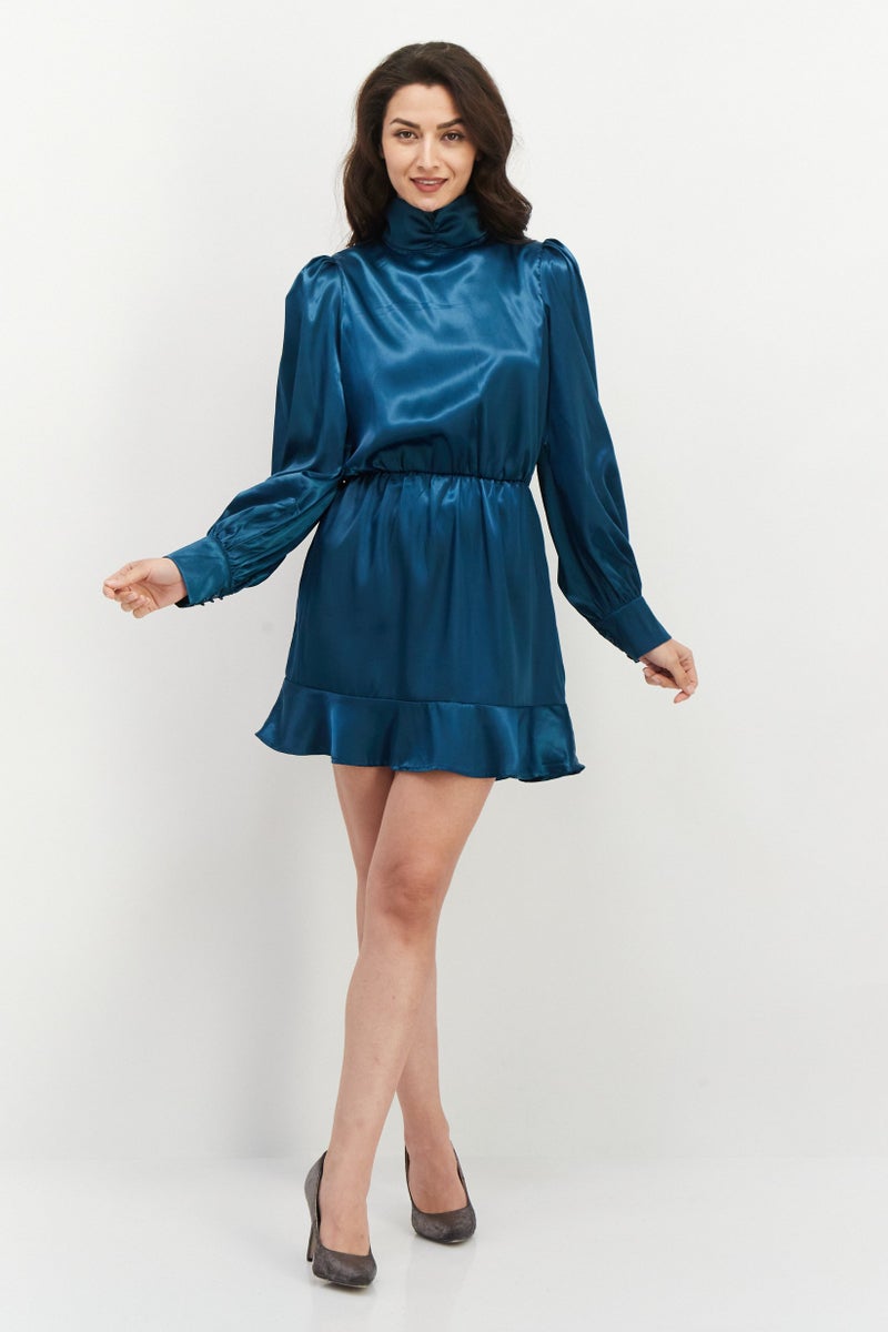 Women Satin High Neck Mini Dress, Teal Blue