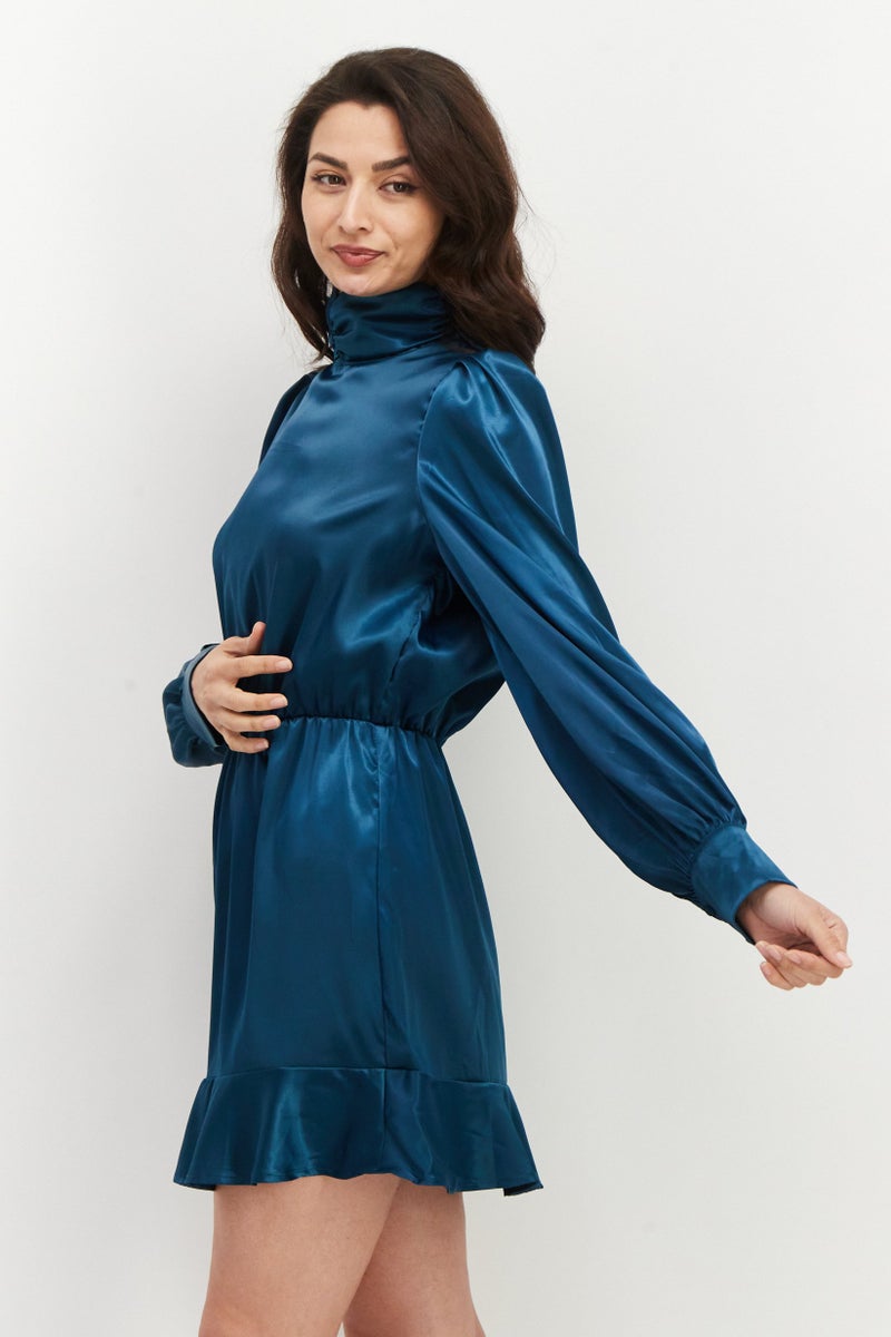 Women Satin High Neck Mini Dress, Teal Blue