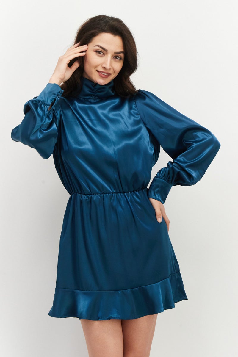 Women Satin High Neck Mini Dress, Teal Blue