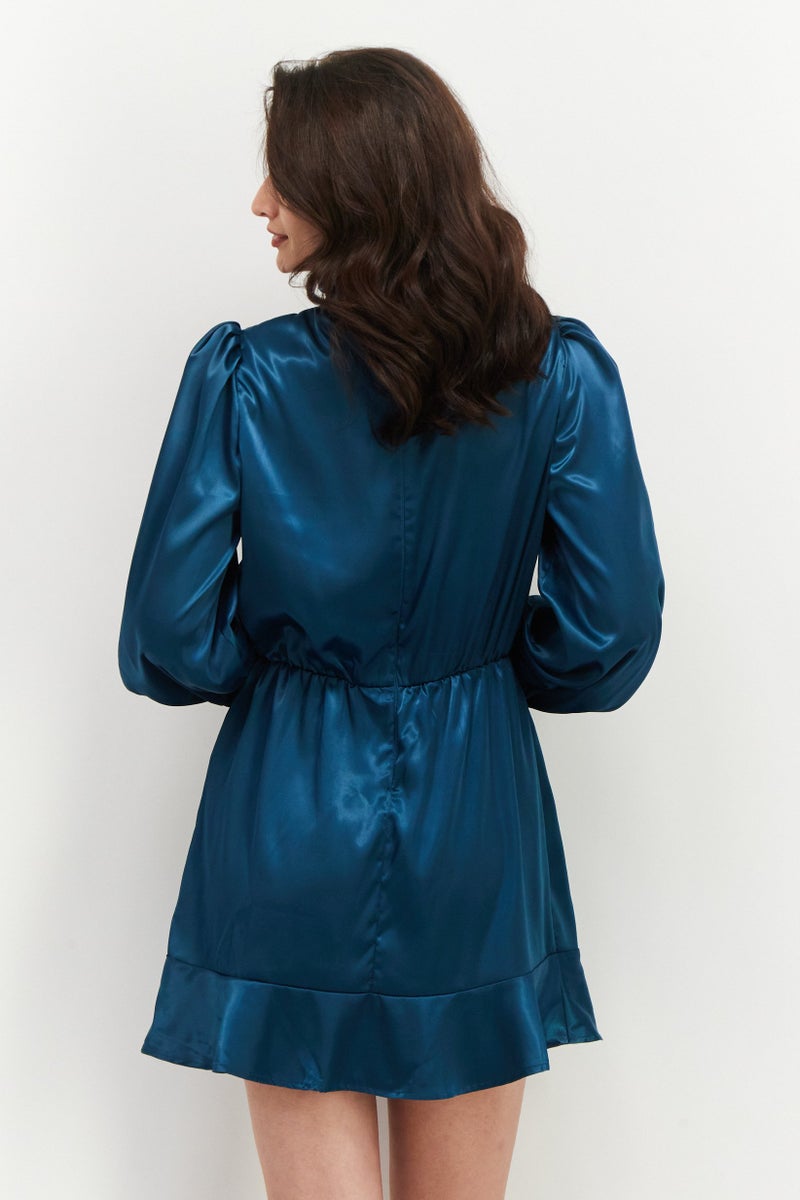Women Satin High Neck Mini Dress, Teal Blue