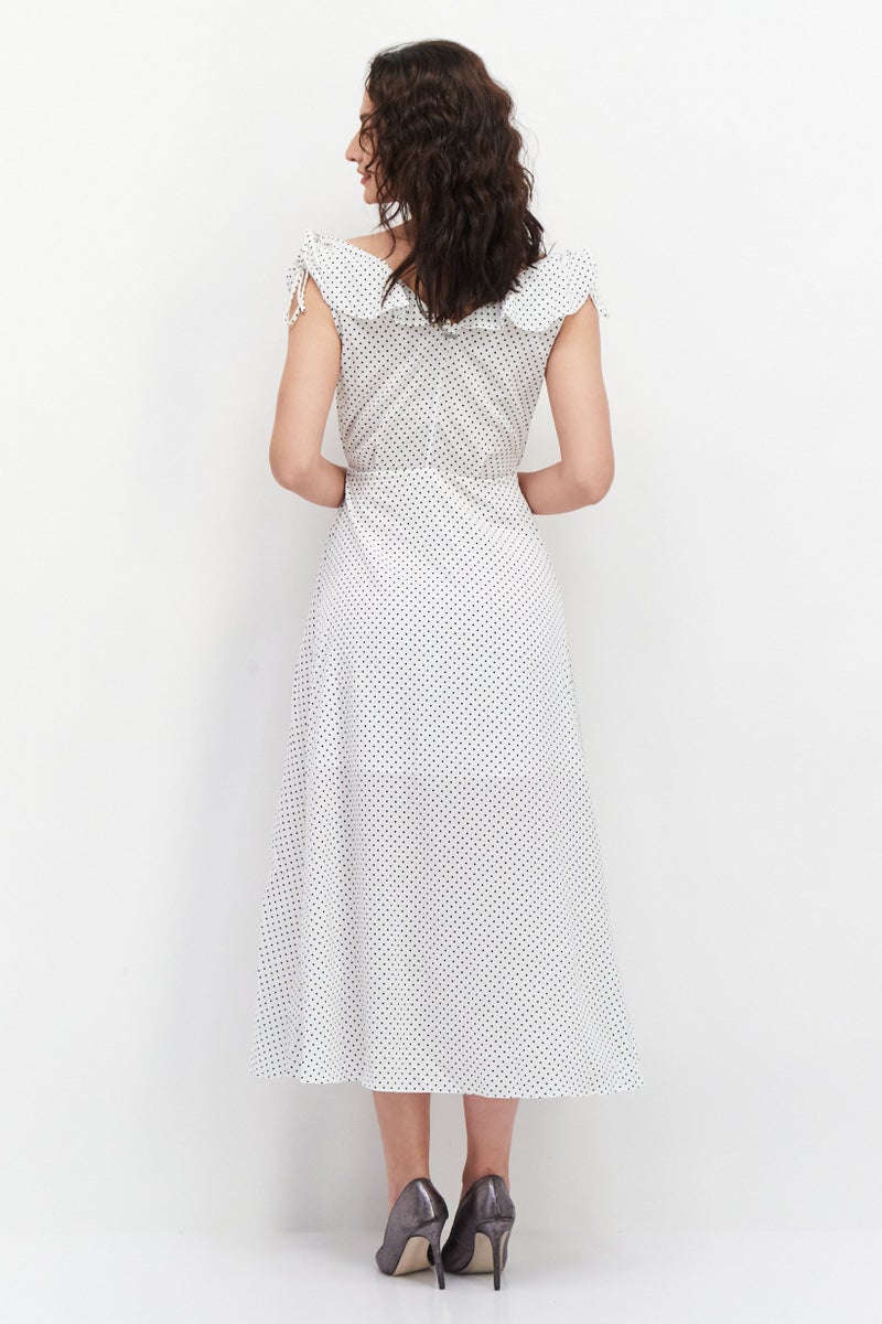 Women Microdot Casual Wrap Dress, White