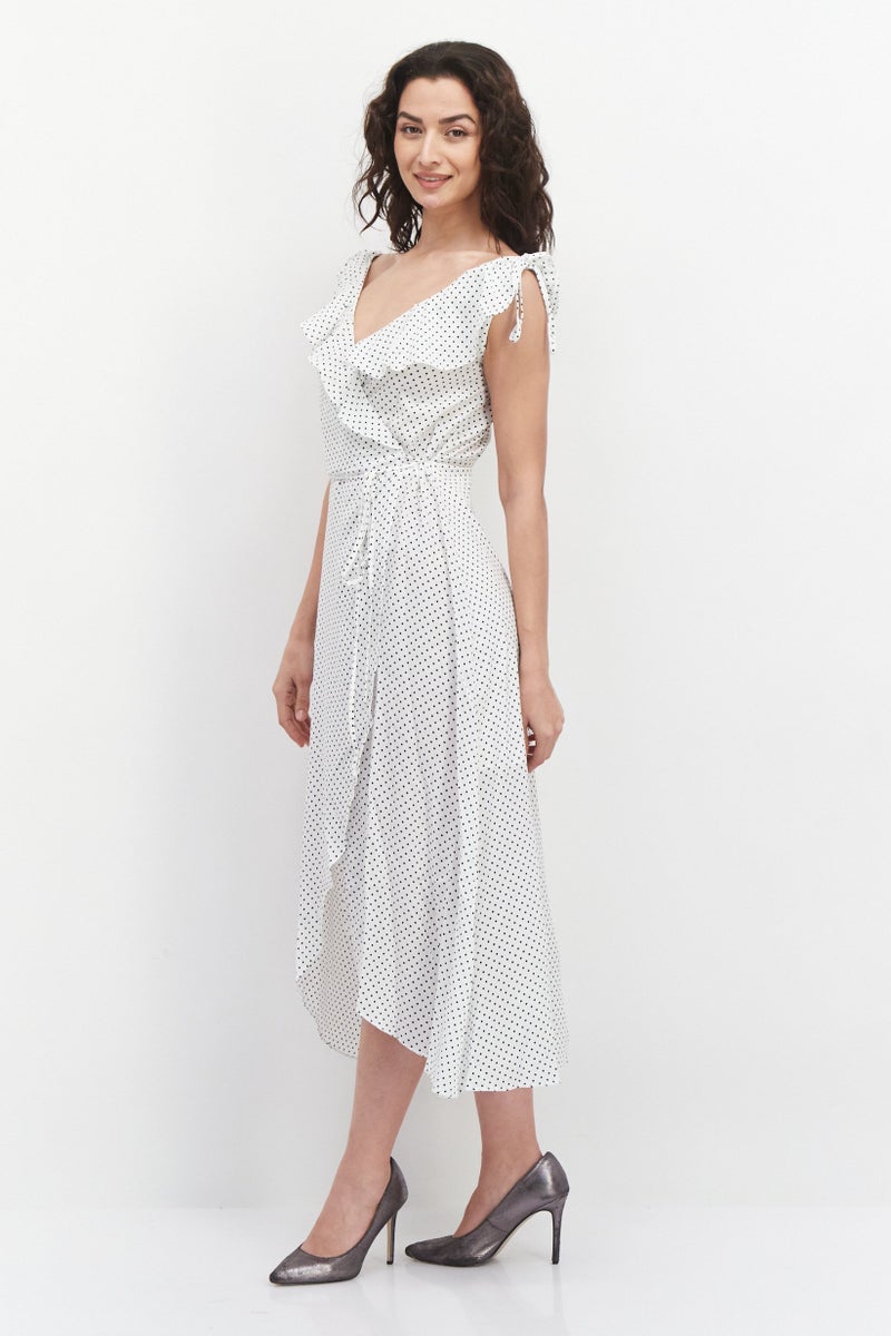 Women Microdot Casual Wrap Dress, White