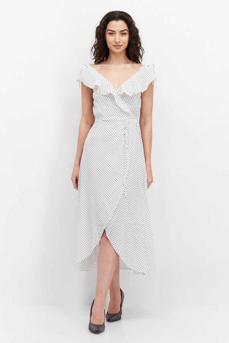 Women Microdot Casual Wrap Dress, White