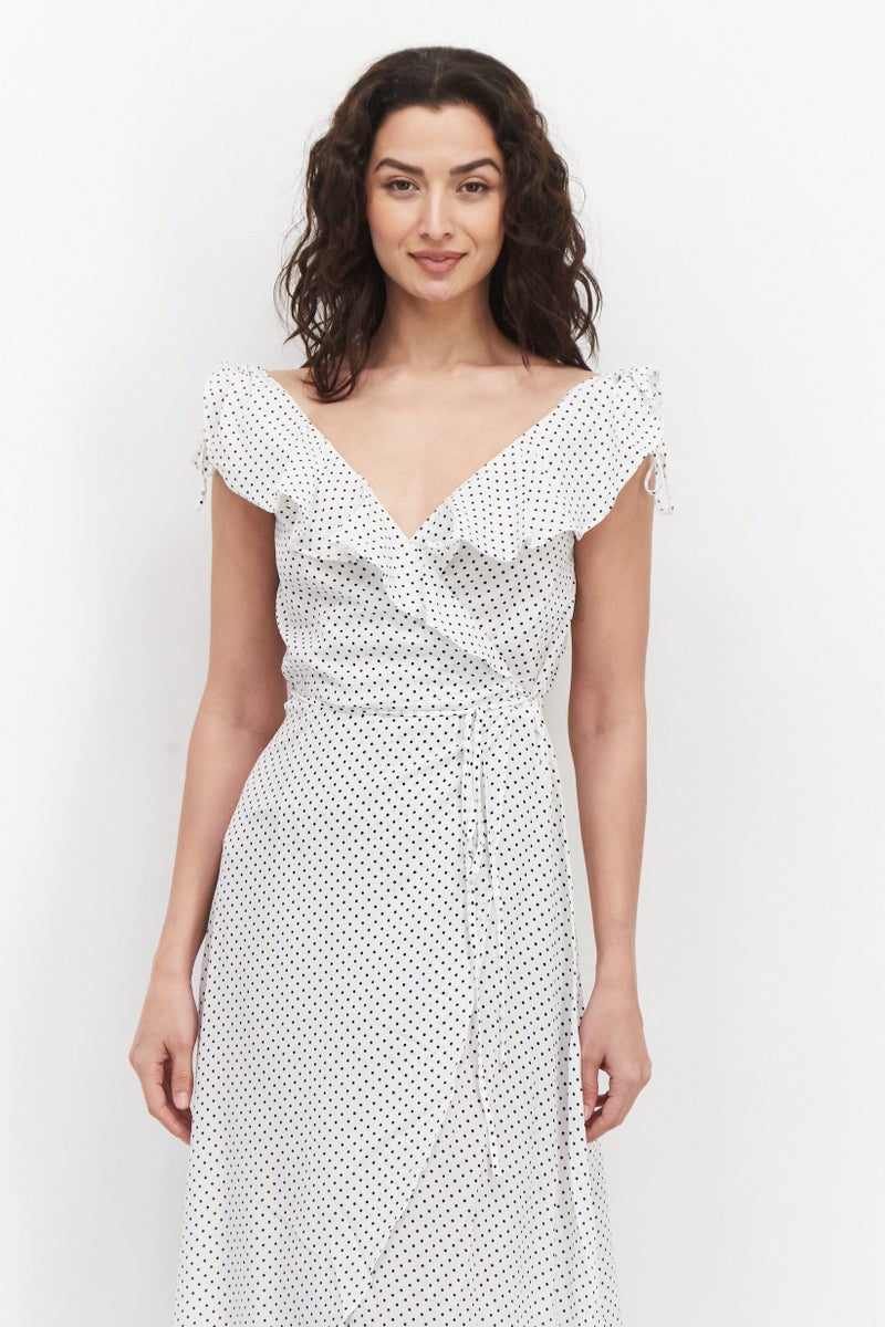 Women Microdot Casual Wrap Dress, White