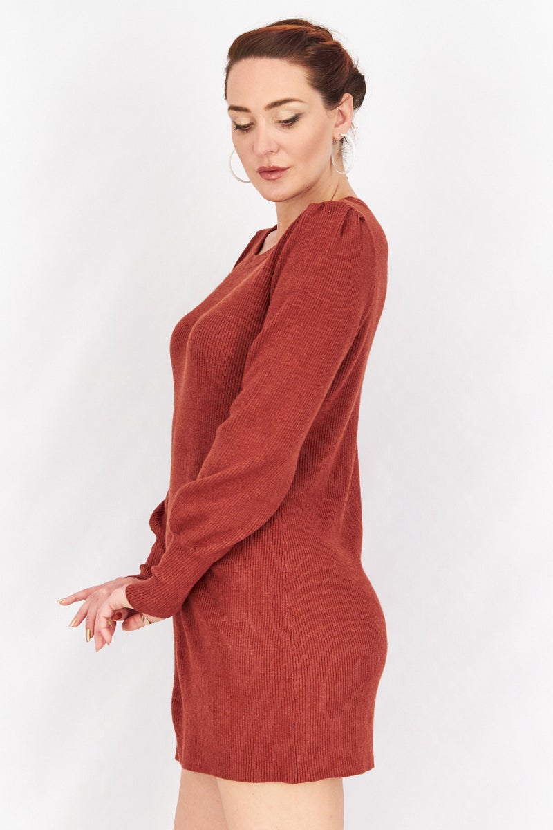 Women Ribbed Long Sleeve Mini Sweater Dress, Rust