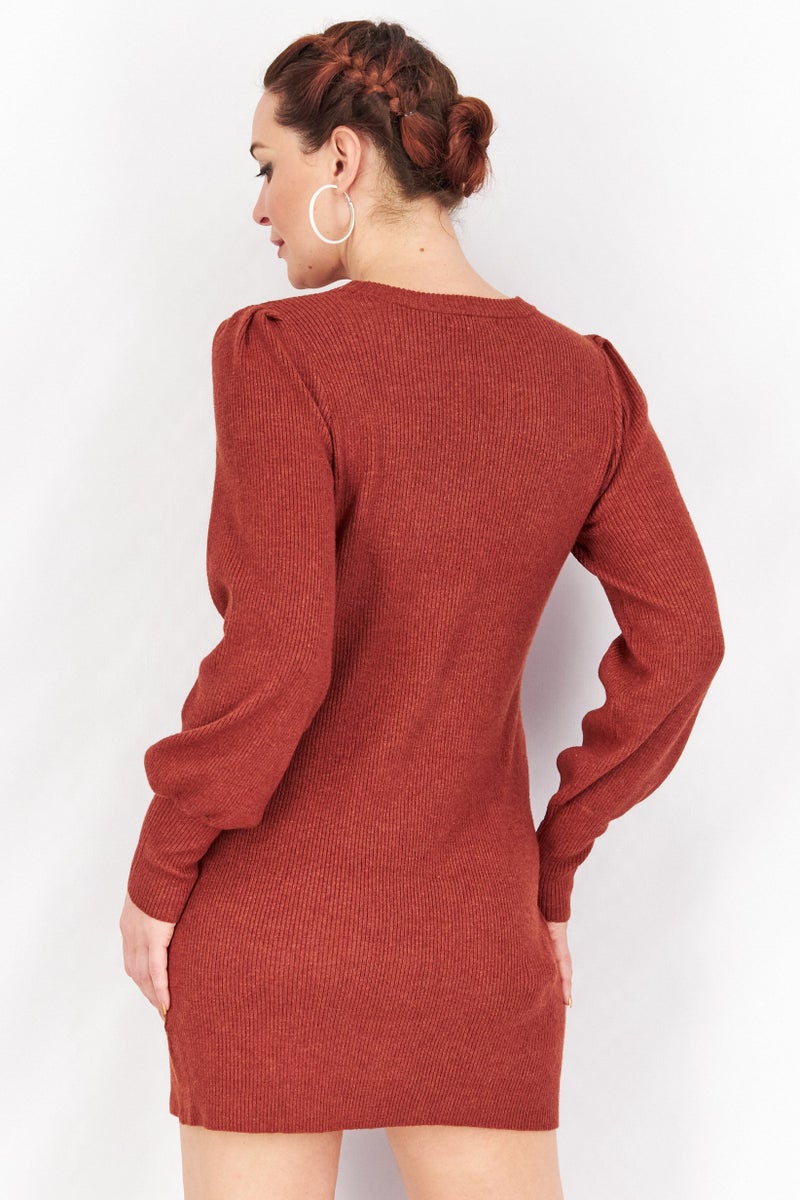 Women Ribbed Long Sleeve Mini Sweater Dress, Rust