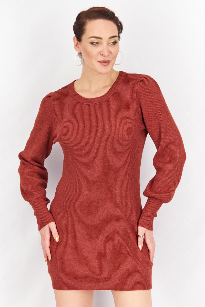 Women Ribbed Long Sleeve Mini Sweater Dress, Rust