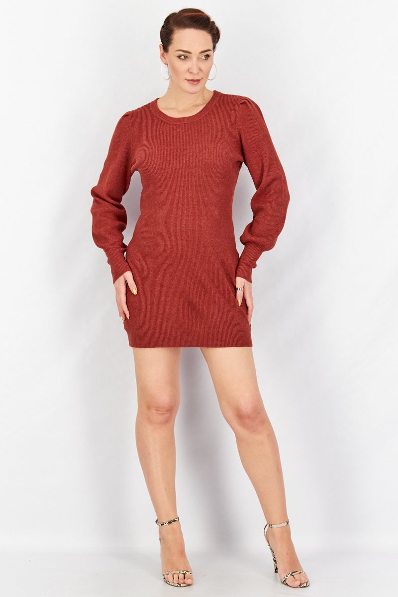 Women Ribbed Long Sleeve Mini Sweater Dress, Rust