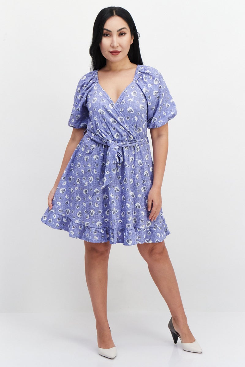 Women All Over Printed Casual Mini Dress, Blue Combo