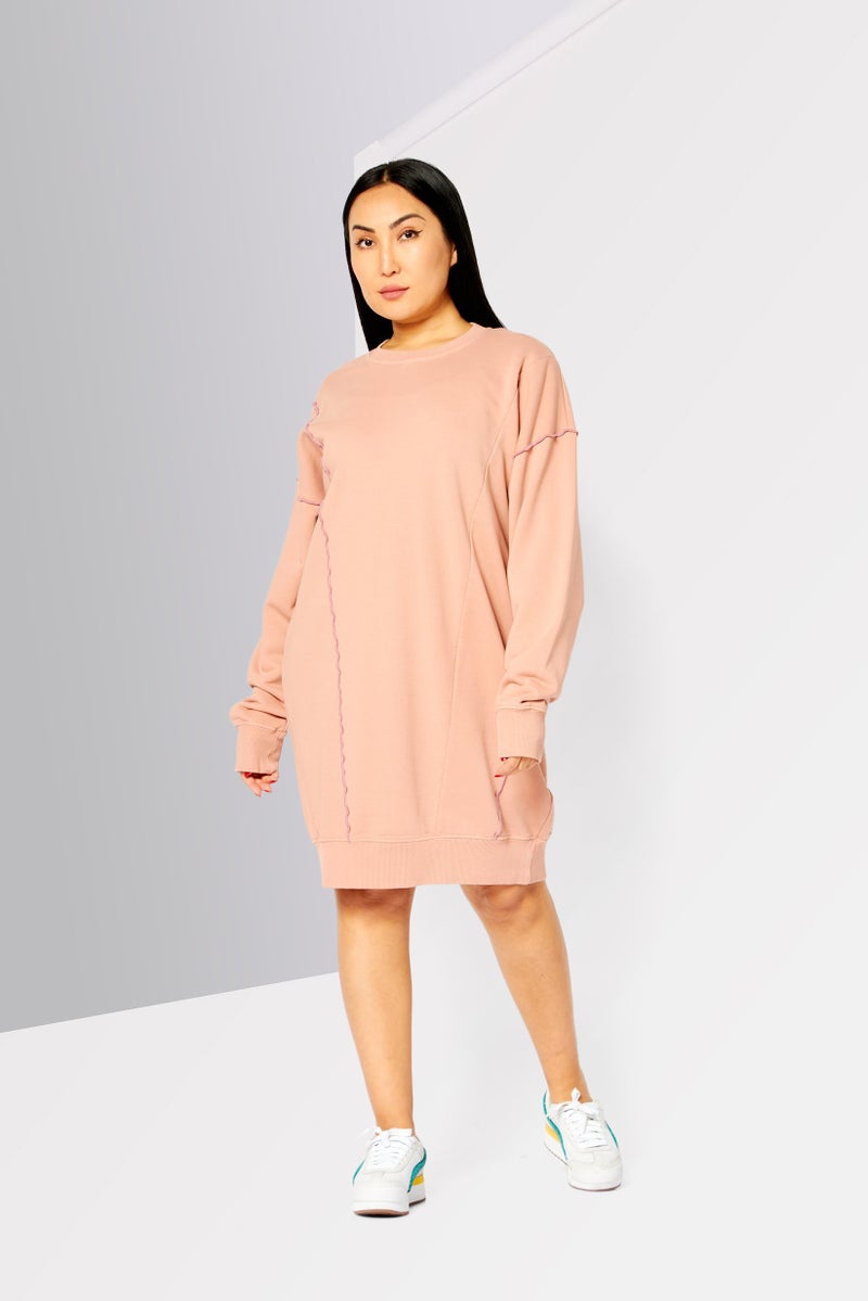 Women Textured Mini Casual Sweater Dress, Nude Pink