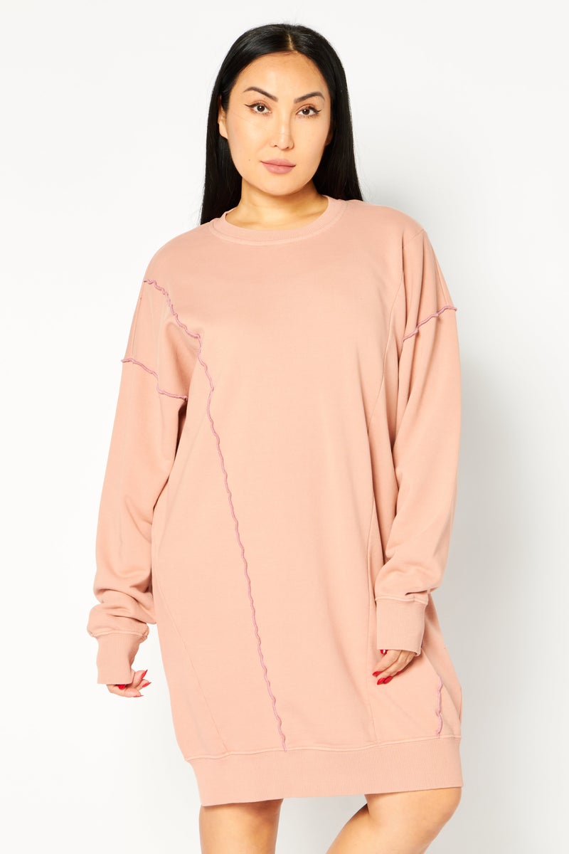 Women Textured Mini Casual Sweater Dress, Nude Pink