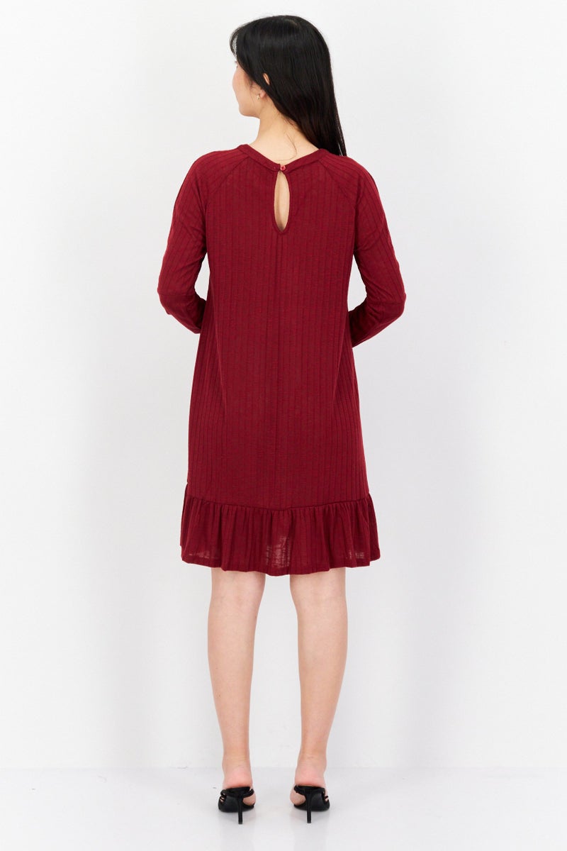 Women Ribbed Long Sleeve Shift Dress, Dark Red