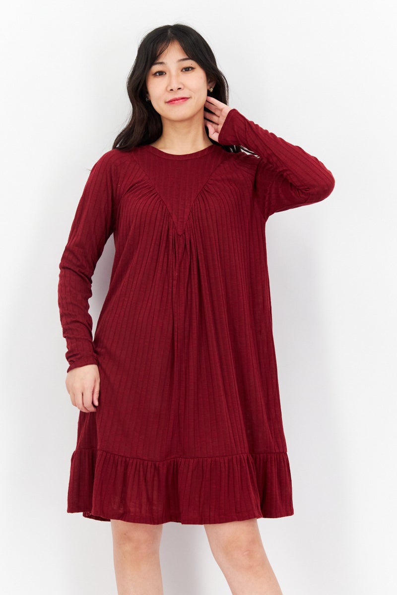 Women Ribbed Long Sleeve Shift Dress, Dark Red