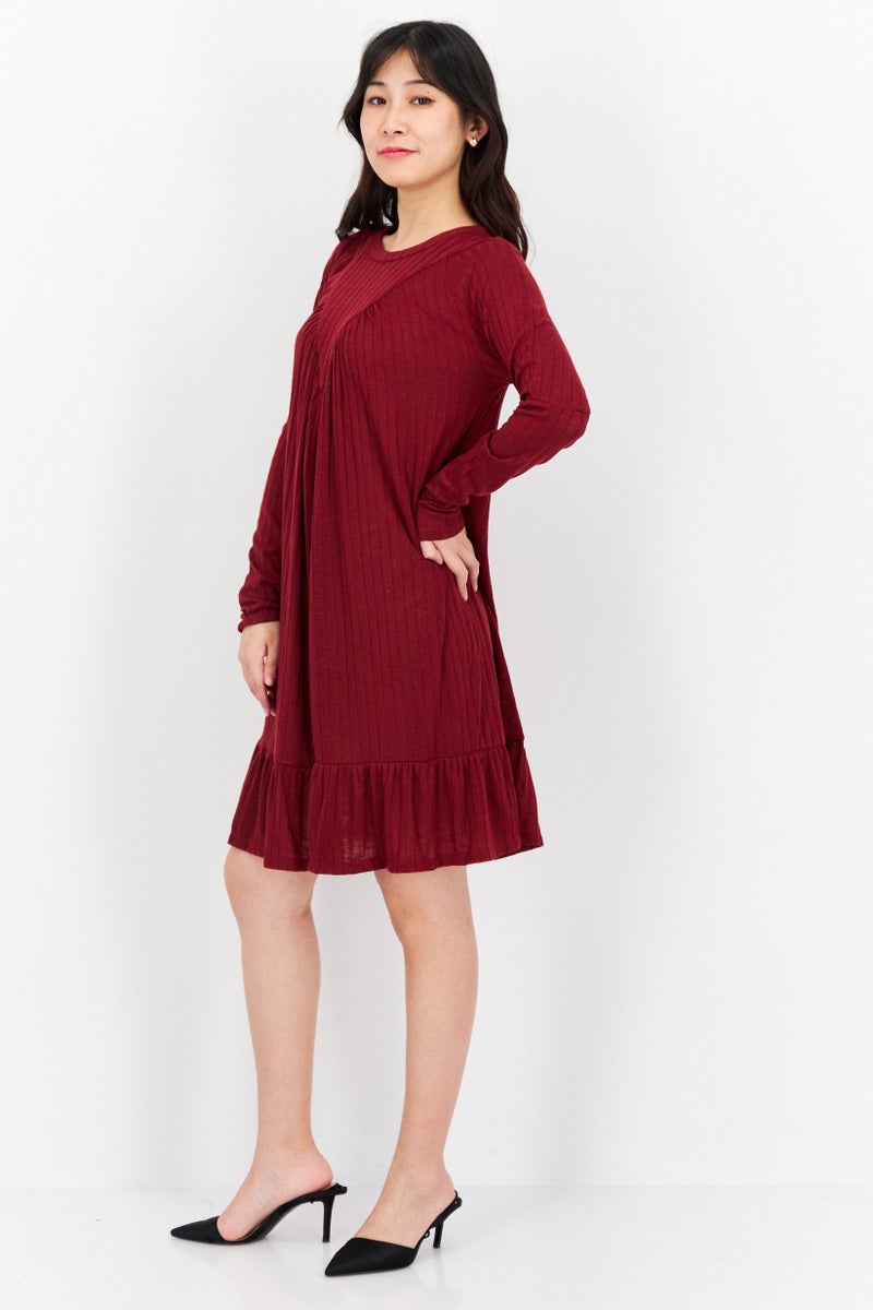 Women Ribbed Long Sleeve Shift Dress, Dark Red