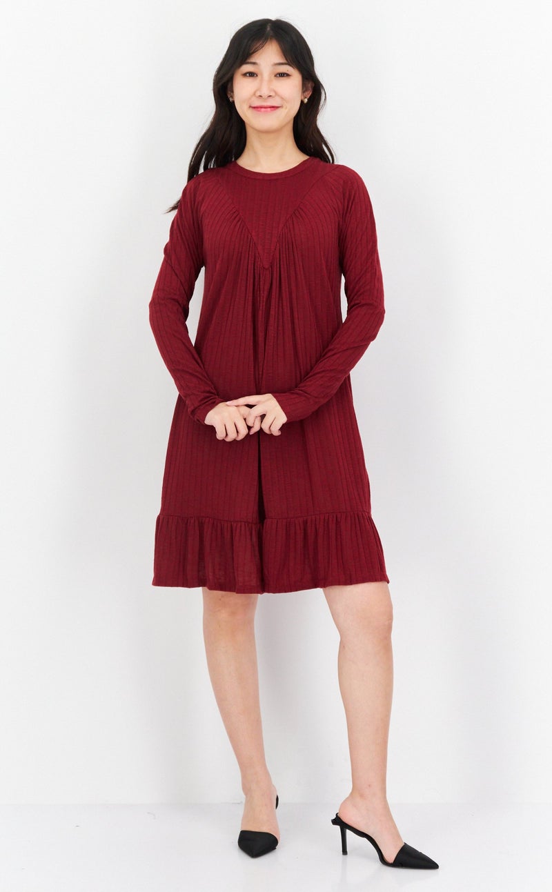 Women Ribbed Long Sleeve Shift Dress, Dark Red