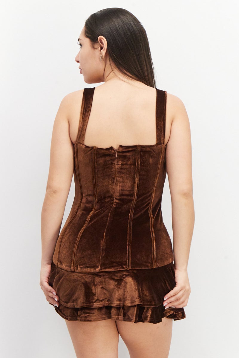 Women V-Neckline Mini Dress, Chocolate Brown