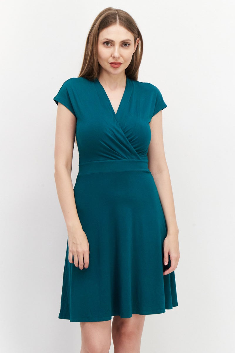 Women Plain Mini Dress, Dark Green