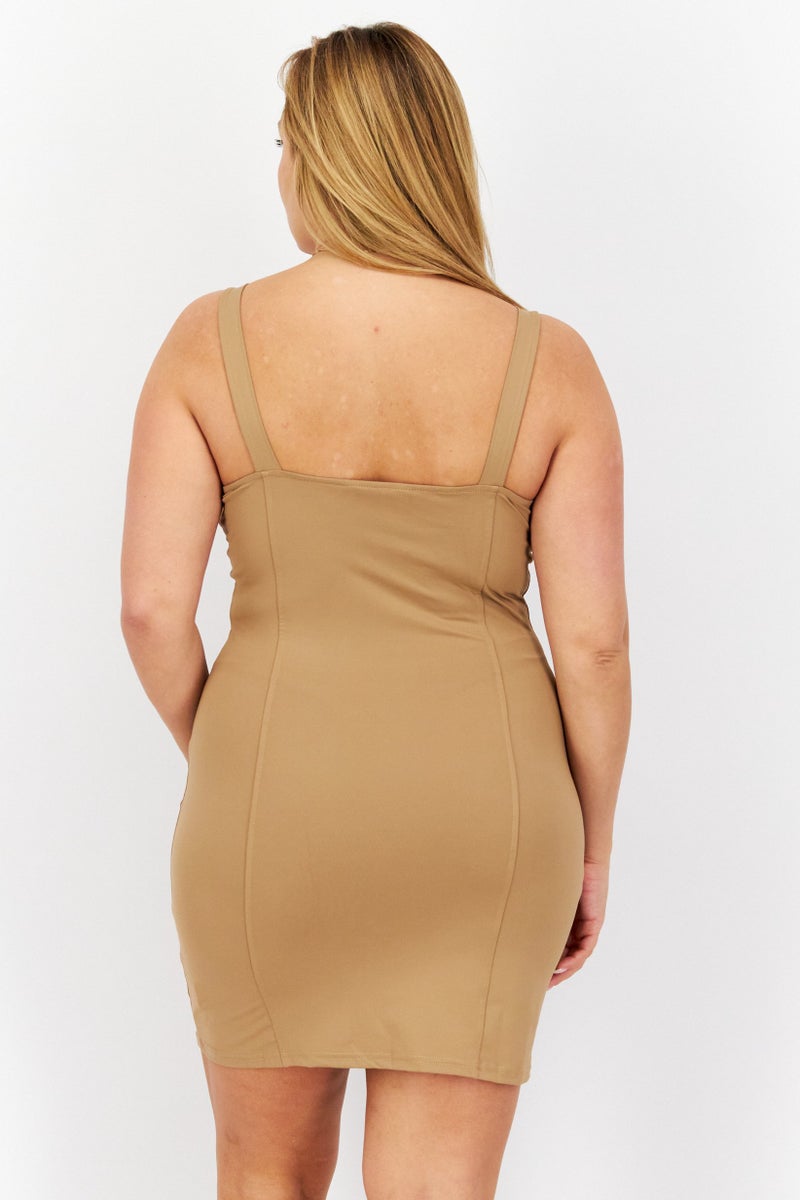 Women Plain Mini Dress, Tan