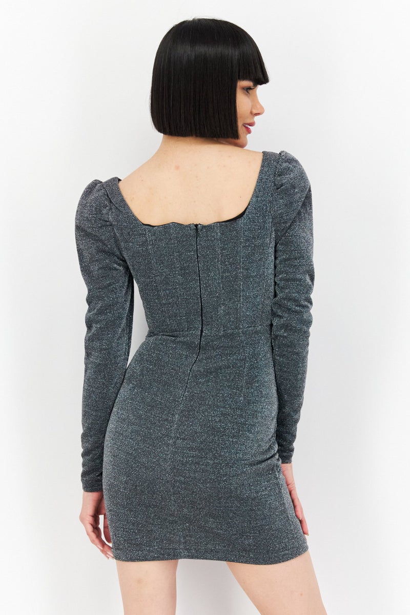 Women Glittered Corset Mini Party Dress, Silver