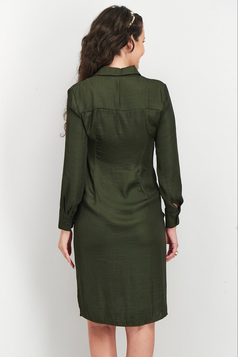 Women Front Tie Long Sleeve Satin Shirtdress, Bottle Green
