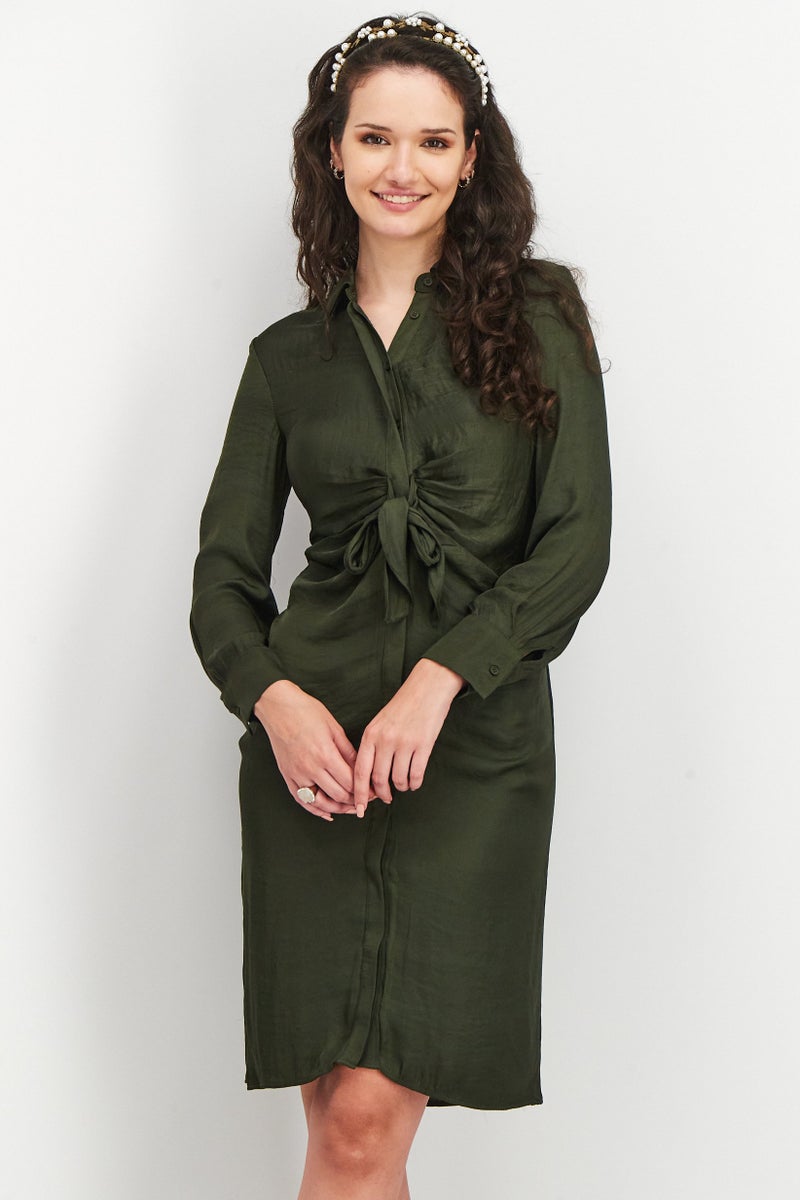 Women Front Tie Long Sleeve Satin Shirtdress, Bottle Green