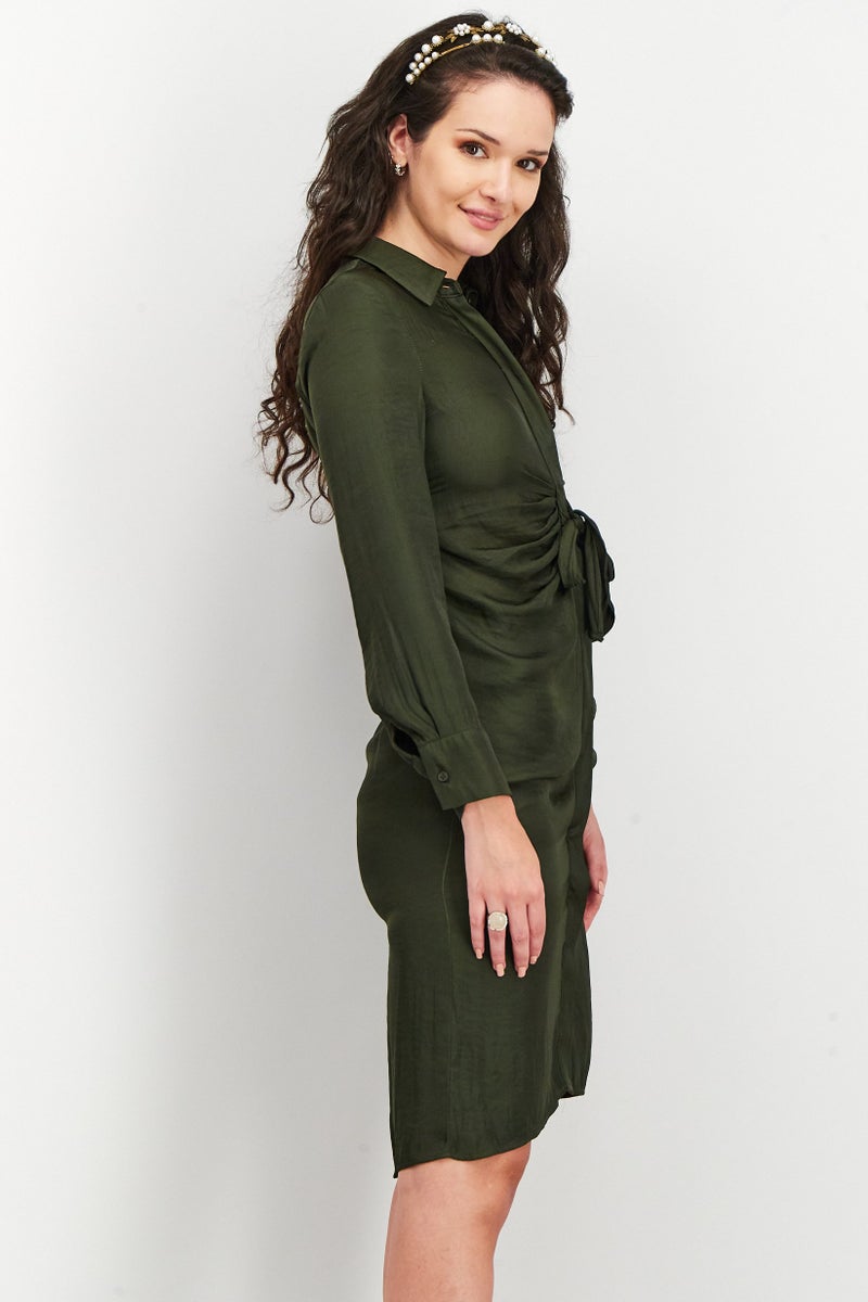 Women Front Tie Long Sleeve Satin Shirtdress, Bottle Green