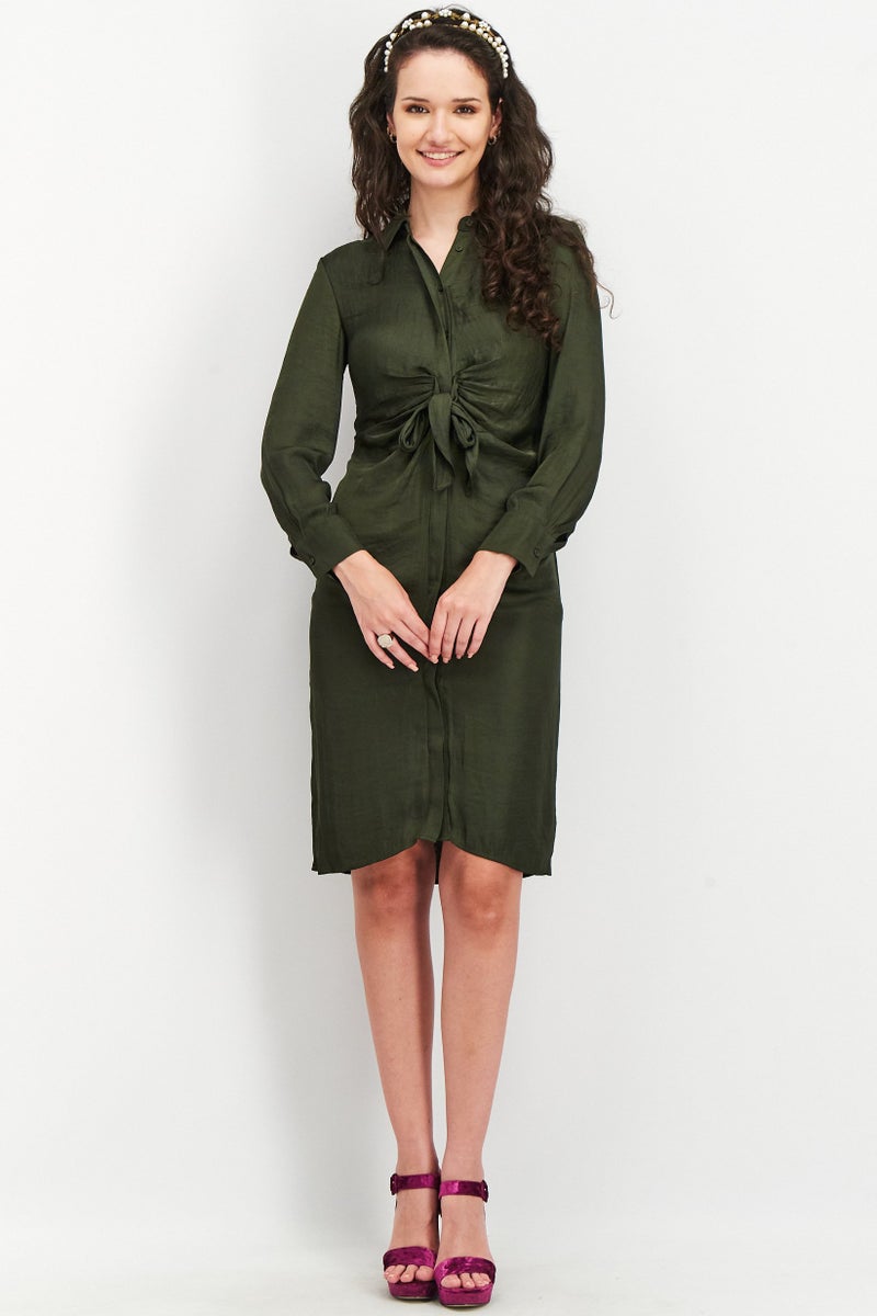 Women Front Tie Long Sleeve Satin Shirtdress, Bottle Green