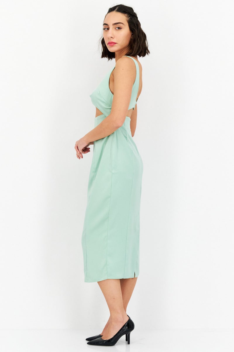 Women Twist Front Keyhole Midi Dress, Green