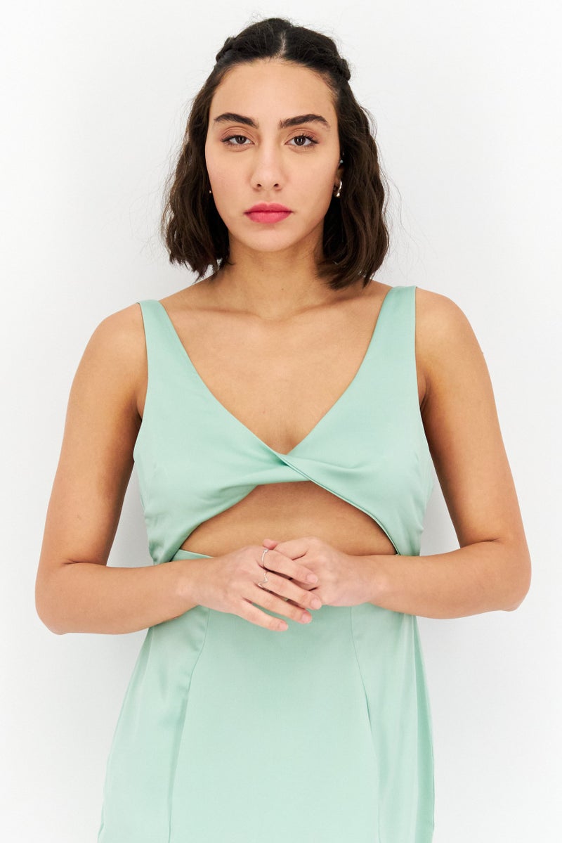 Women Twist Front Keyhole Midi Dress, Green