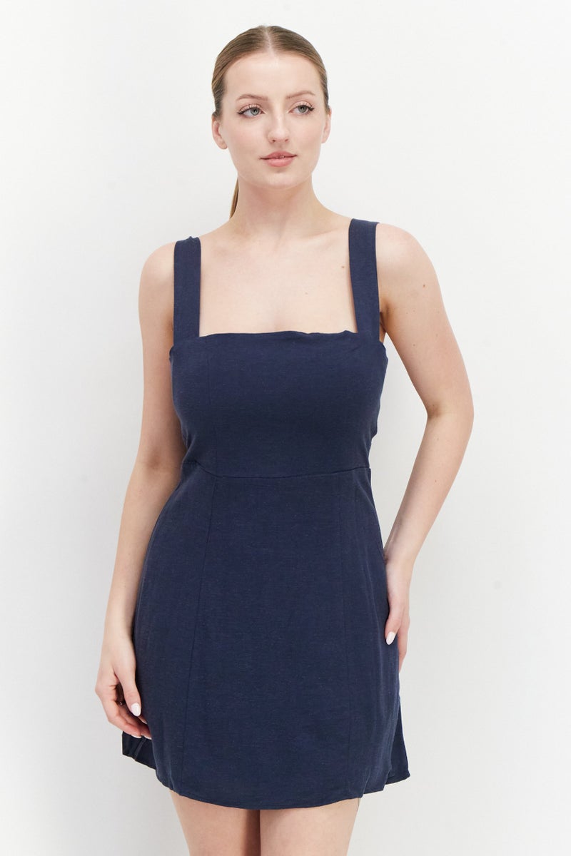 Women Square Neck Sleeves Plain Mini Dress, Navy