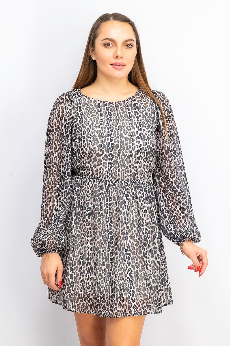 Women Leopard Print Mini Dress, Brown and Black