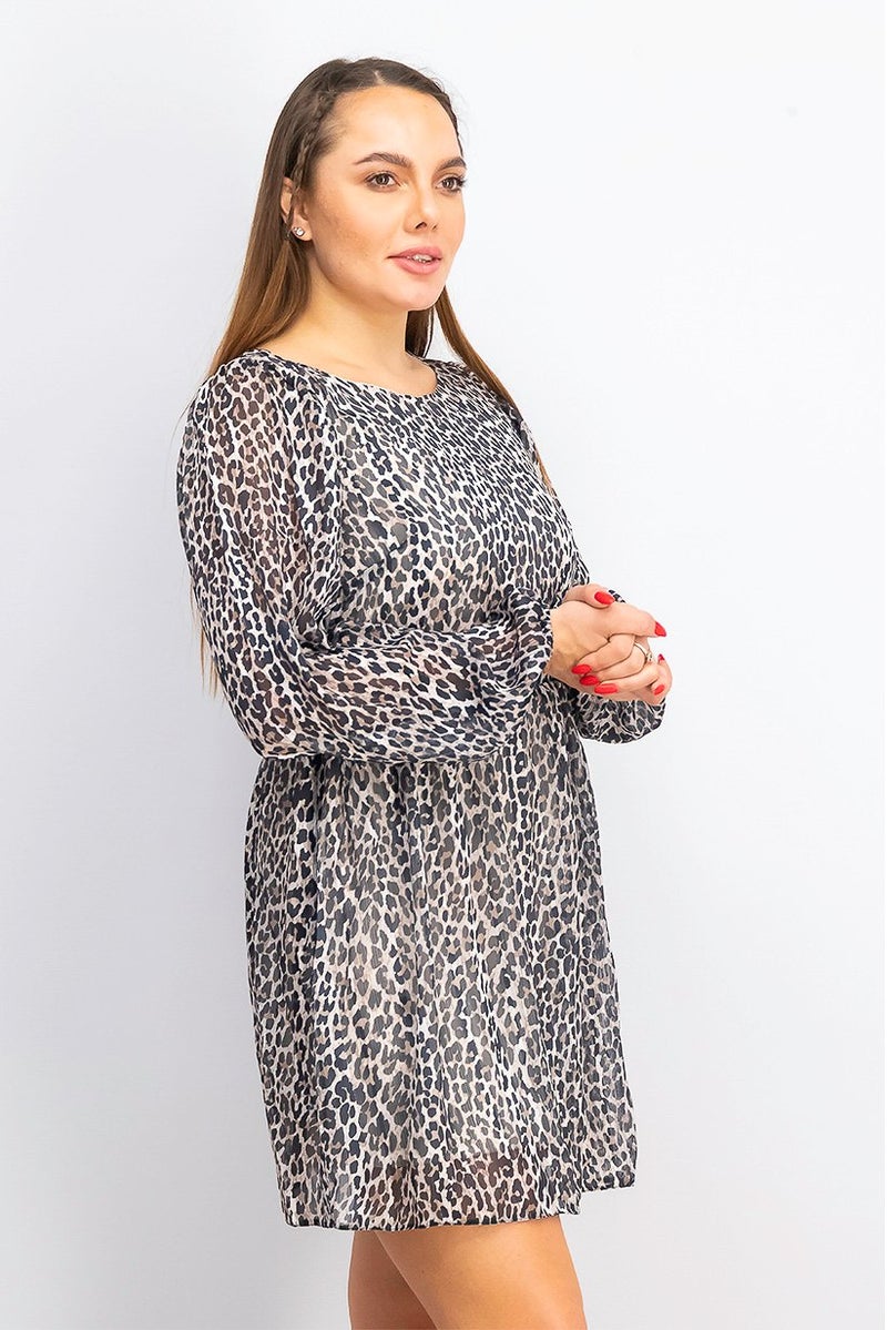 Women Leopard Print Mini Dress, Brown and Black