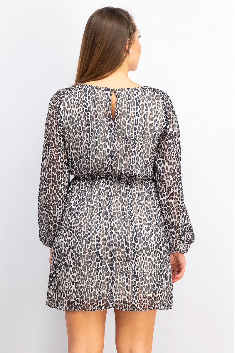 Women Leopard Print Mini Dress, Brown and Black