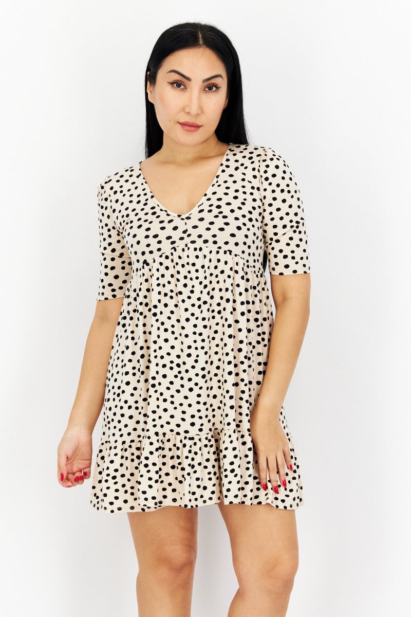 Women Petite Polka Dots Print Mini Casual Dress, Beige