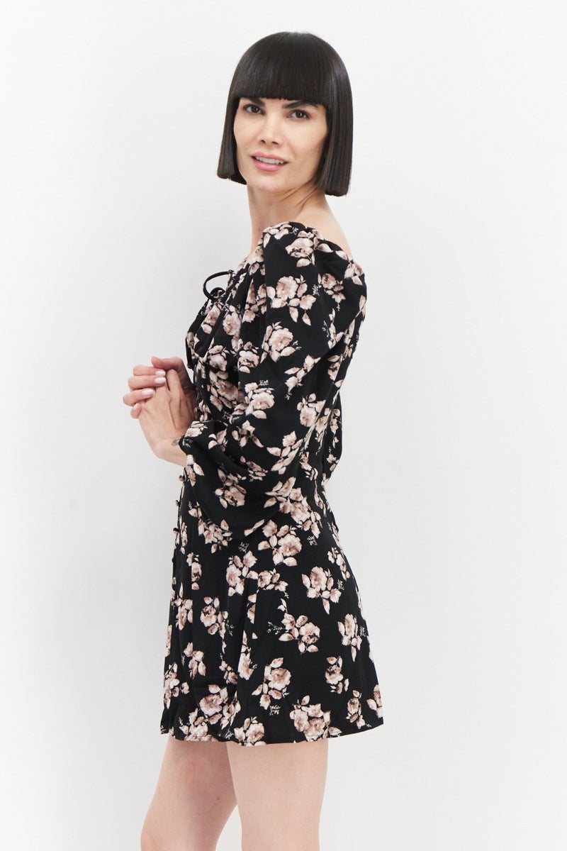 Women Floral Print Mini Dress, Black