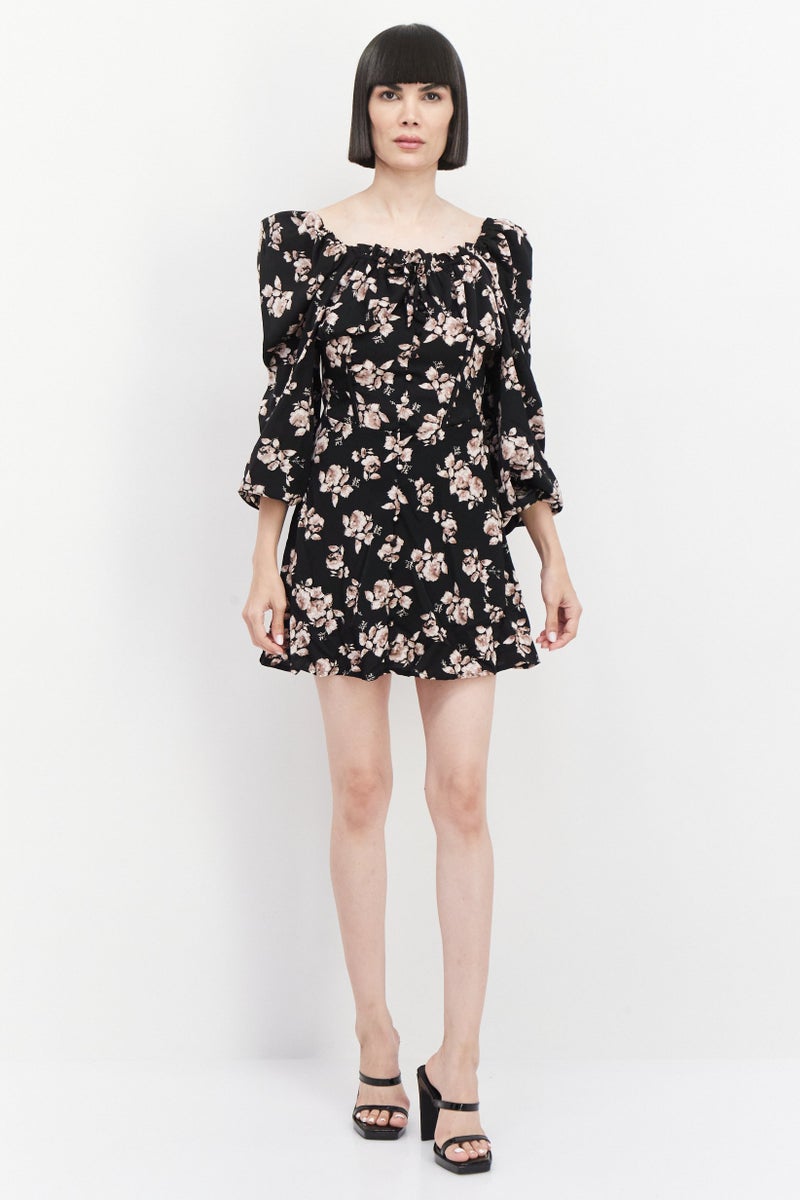 Women Floral Print Mini Dress, Black
