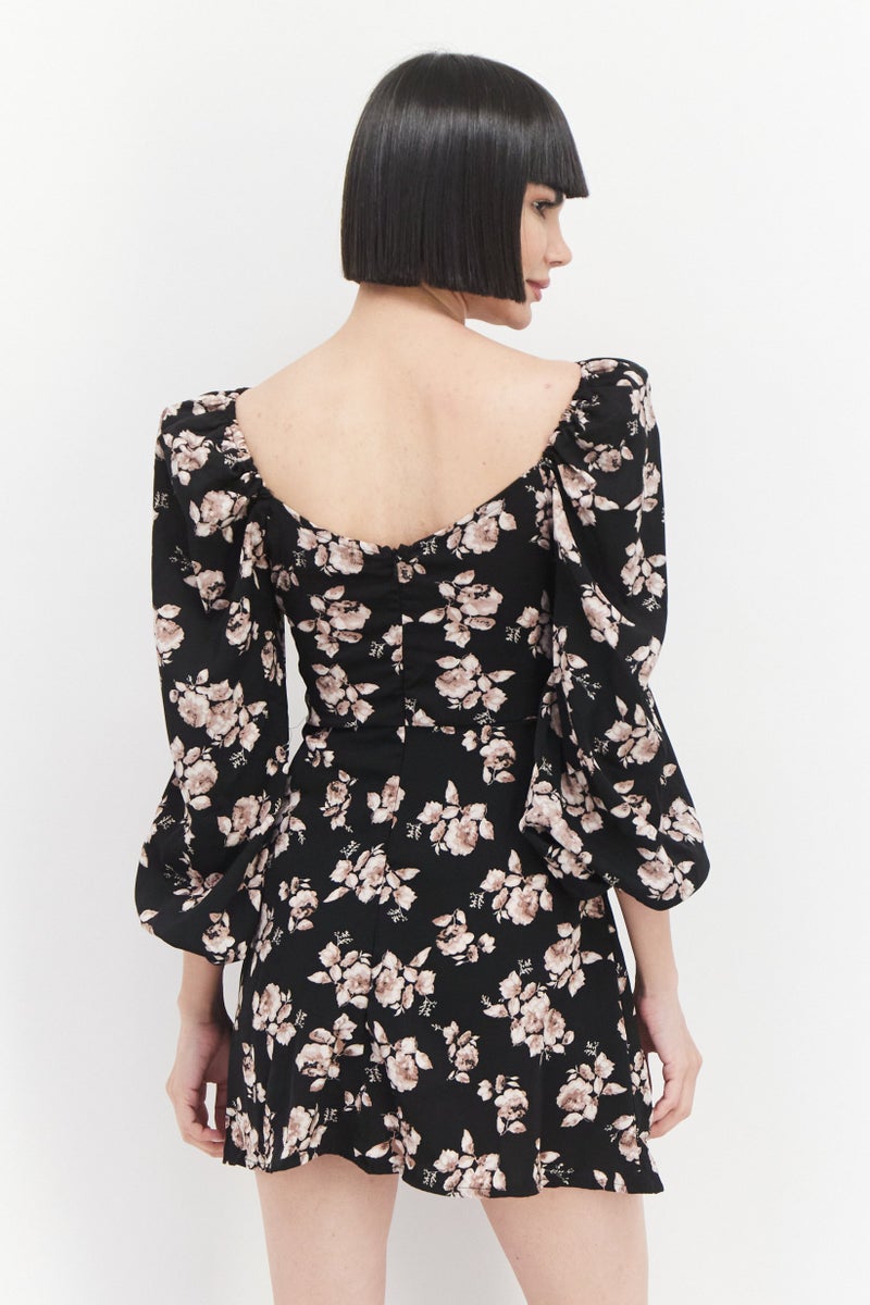 Women Floral Print Mini Dress, Black