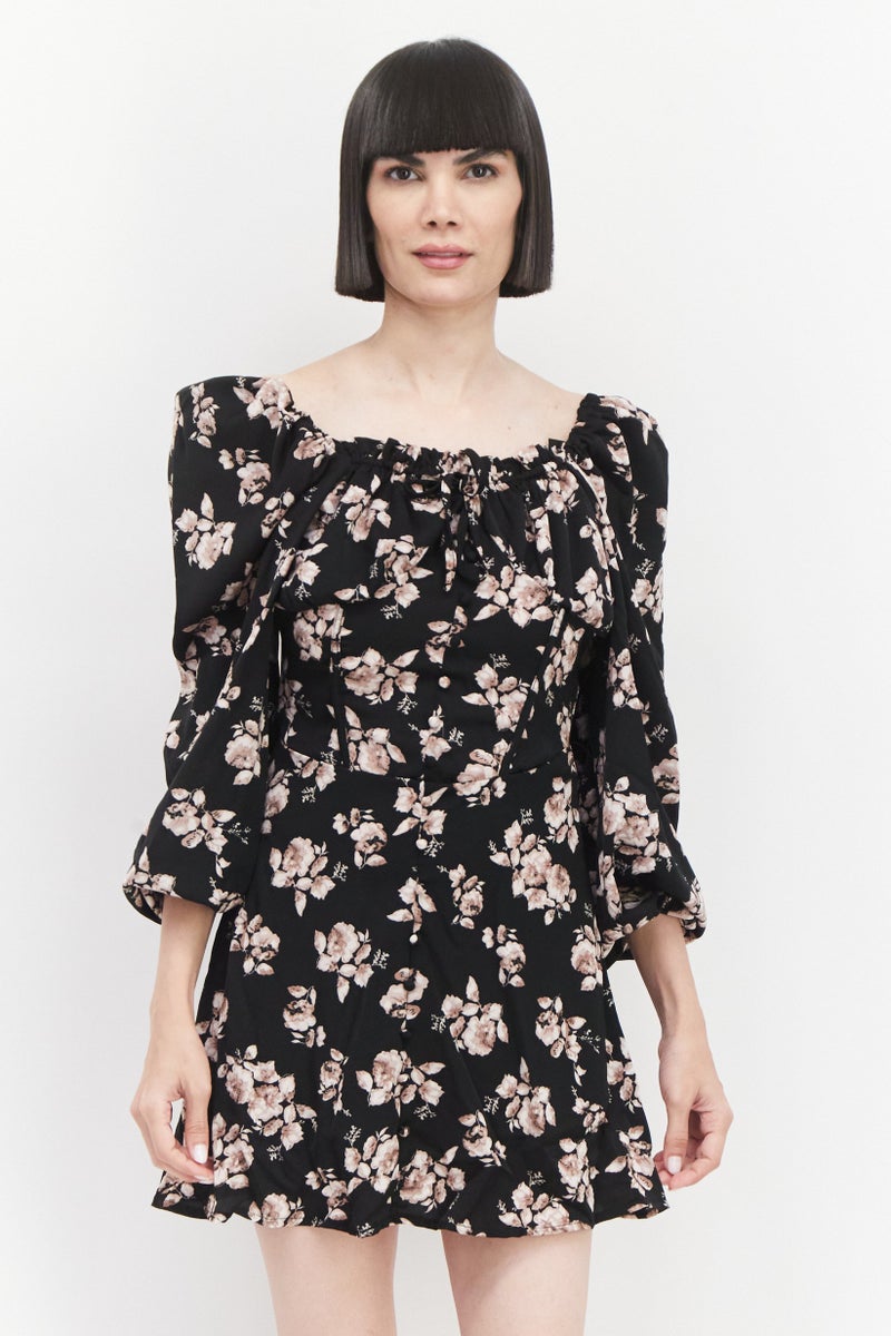 Women Floral Print Mini Dress, Black