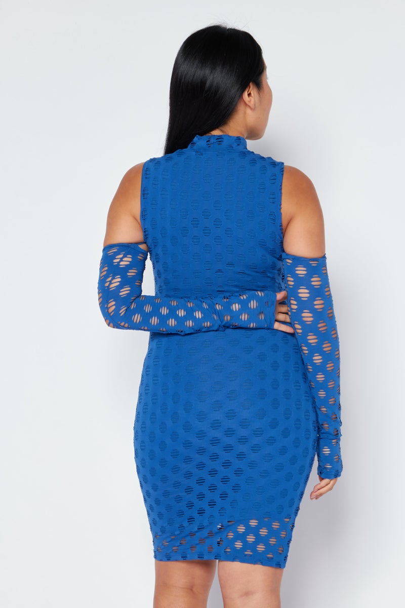 Women Cutout Detail Mock Neck Mini Dress, Blue