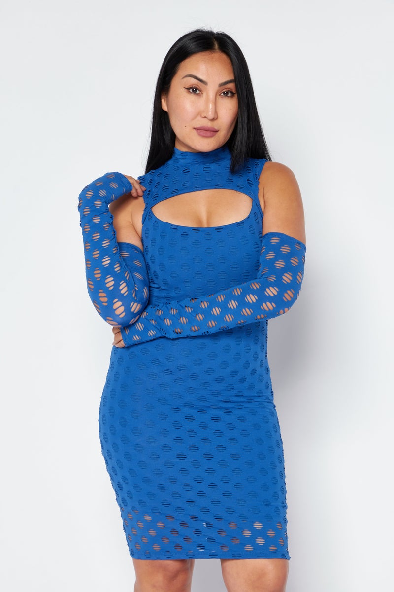 Women Cutout Detail Mock Neck Mini Dress, Blue