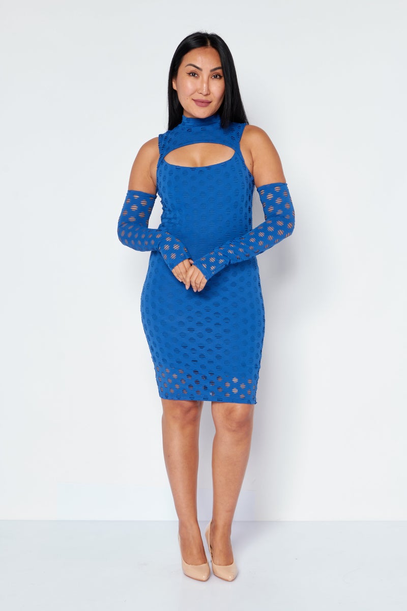 Women Cutout Detail Mock Neck Mini Dress, Blue