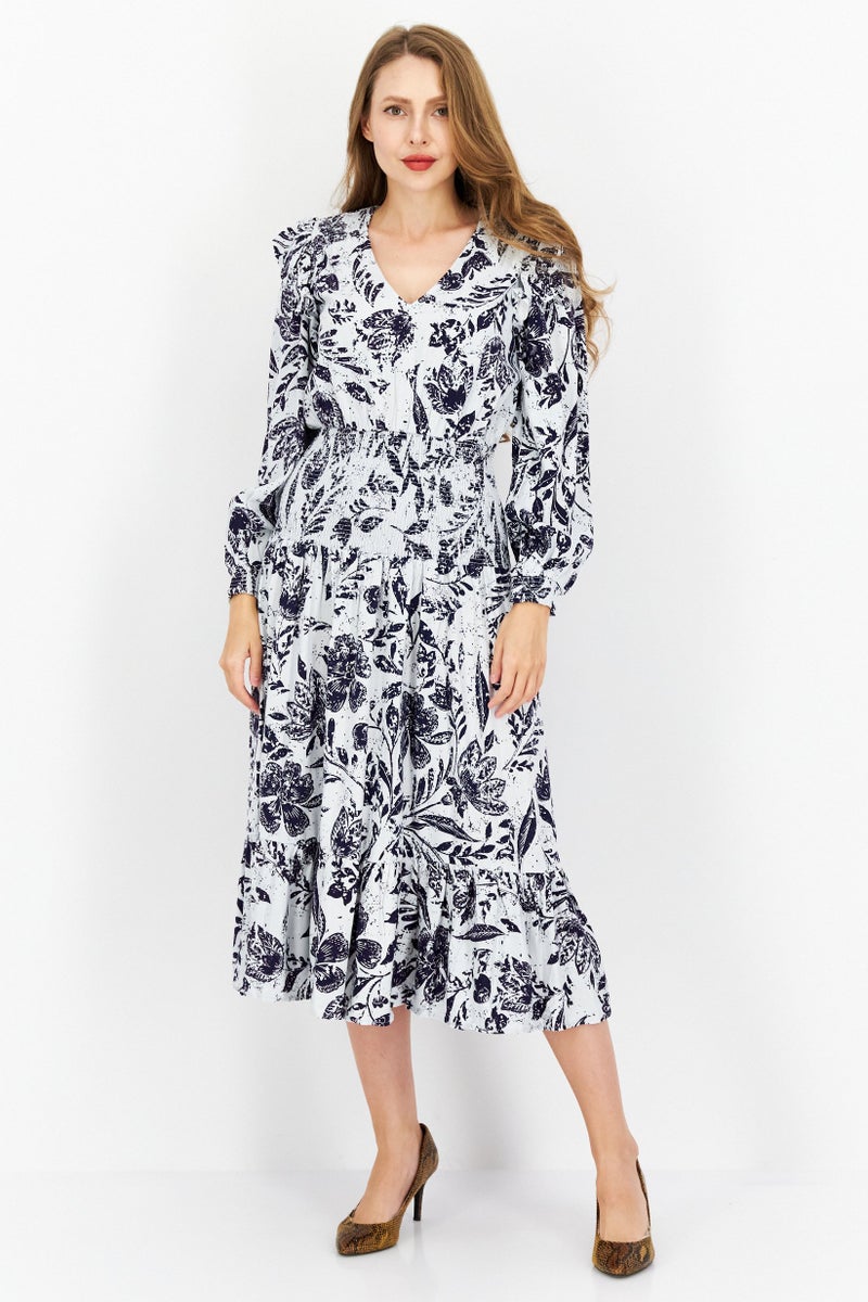 Women Allover Printed Midi Dress, Navy Combo