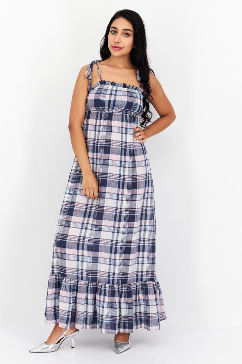 Women Checkered Maxi Dress, Navy Blue/Pink