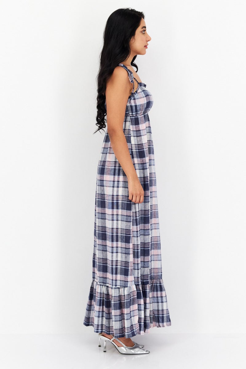 Women Checkered Maxi Dress, Navy Blue/Pink