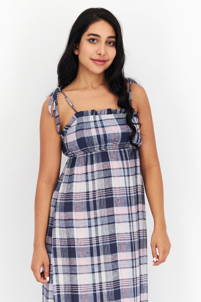 Women Checkered Maxi Dress, Navy Blue/Pink